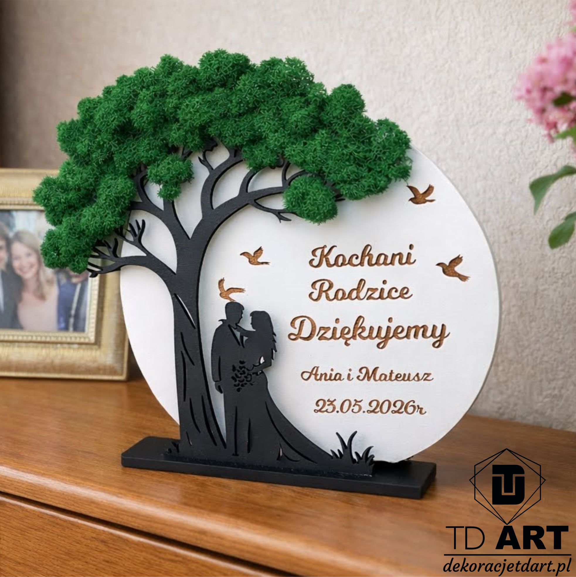 podziękowanie dla rodziców prezent od pary młode ślubny drzewo statuetka z mchem chrobotkiem h