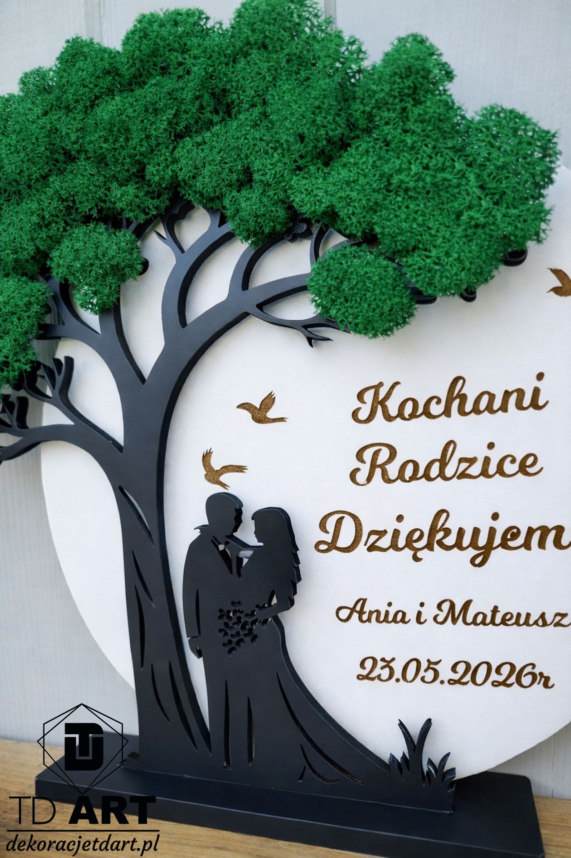 podziękowanie dla rodziców prezent od pary młode ślubny drzewo statuetka z mchem chrobotkiem hhh