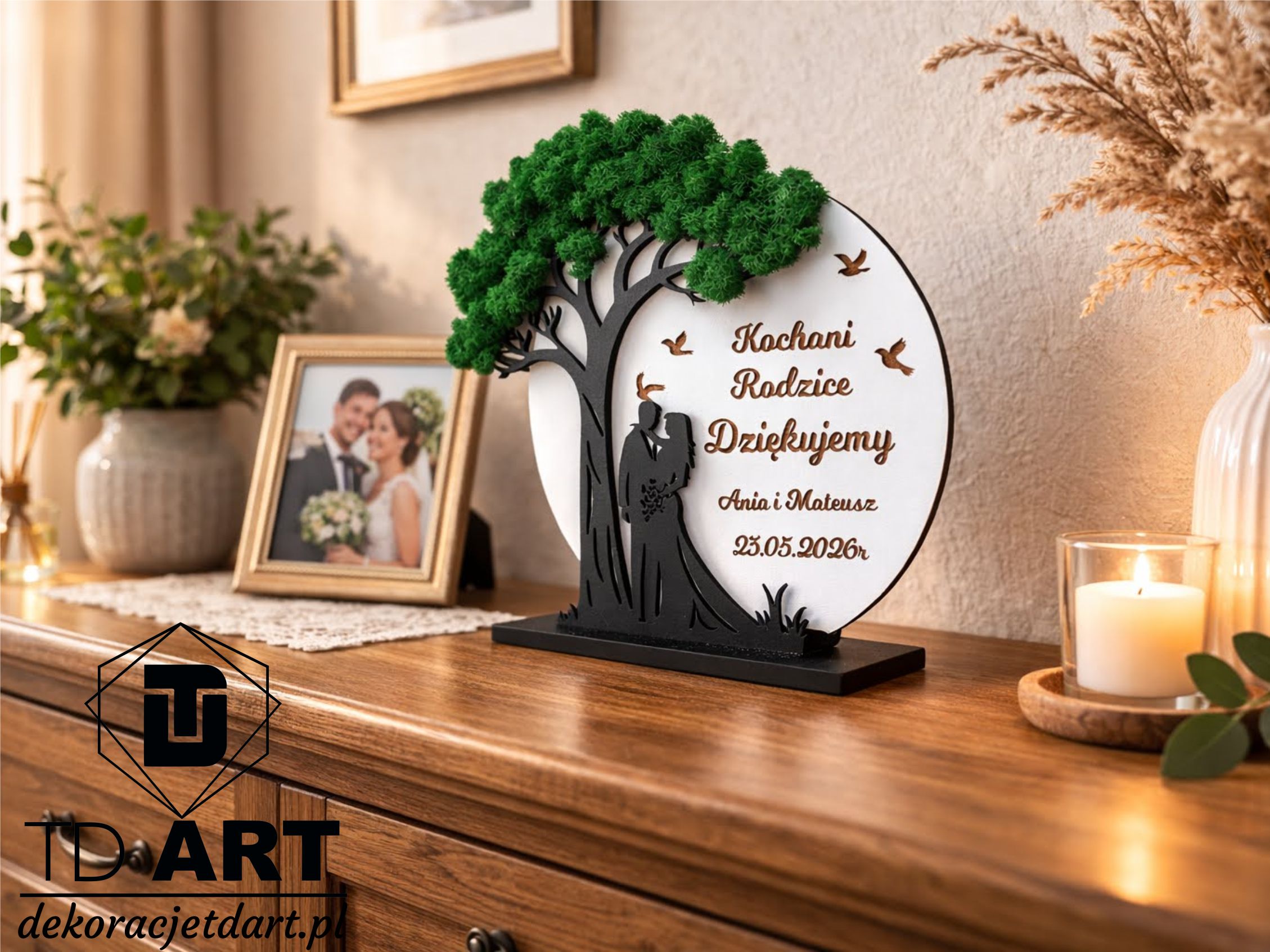 podziękowanie dla rodziców prezent od pary młode ślubny drzewo statuetka z mchem chrobotkiem hl