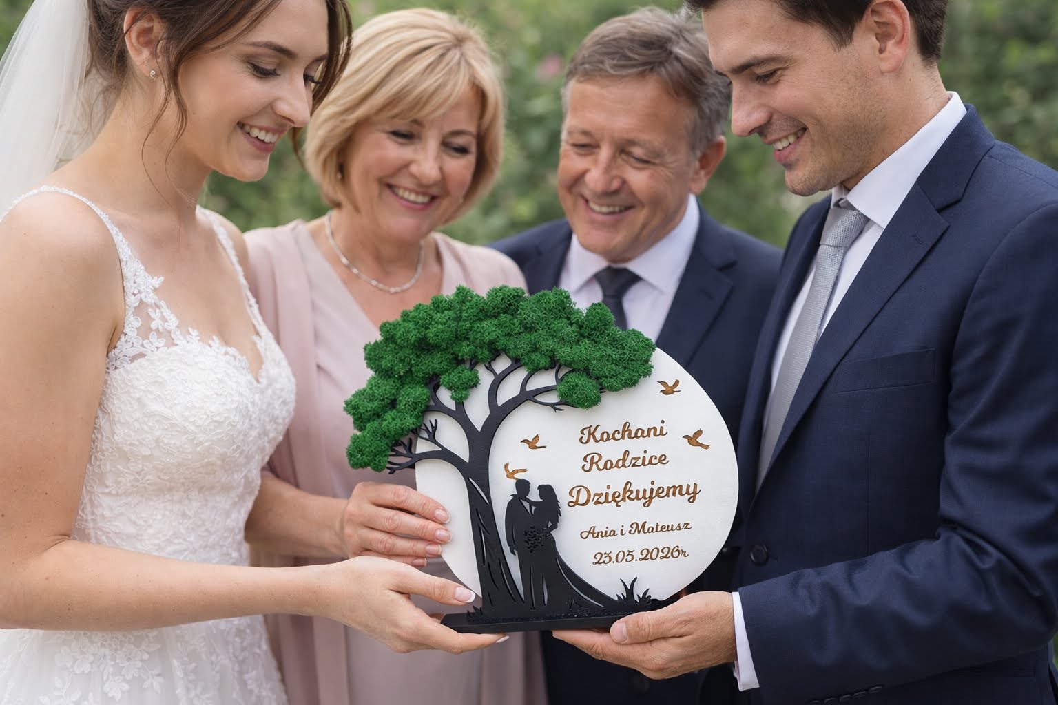 podziękowanie dla rodziców prezent od pary młode ślubny drzewo statuetka z mchem chrobotkiem t