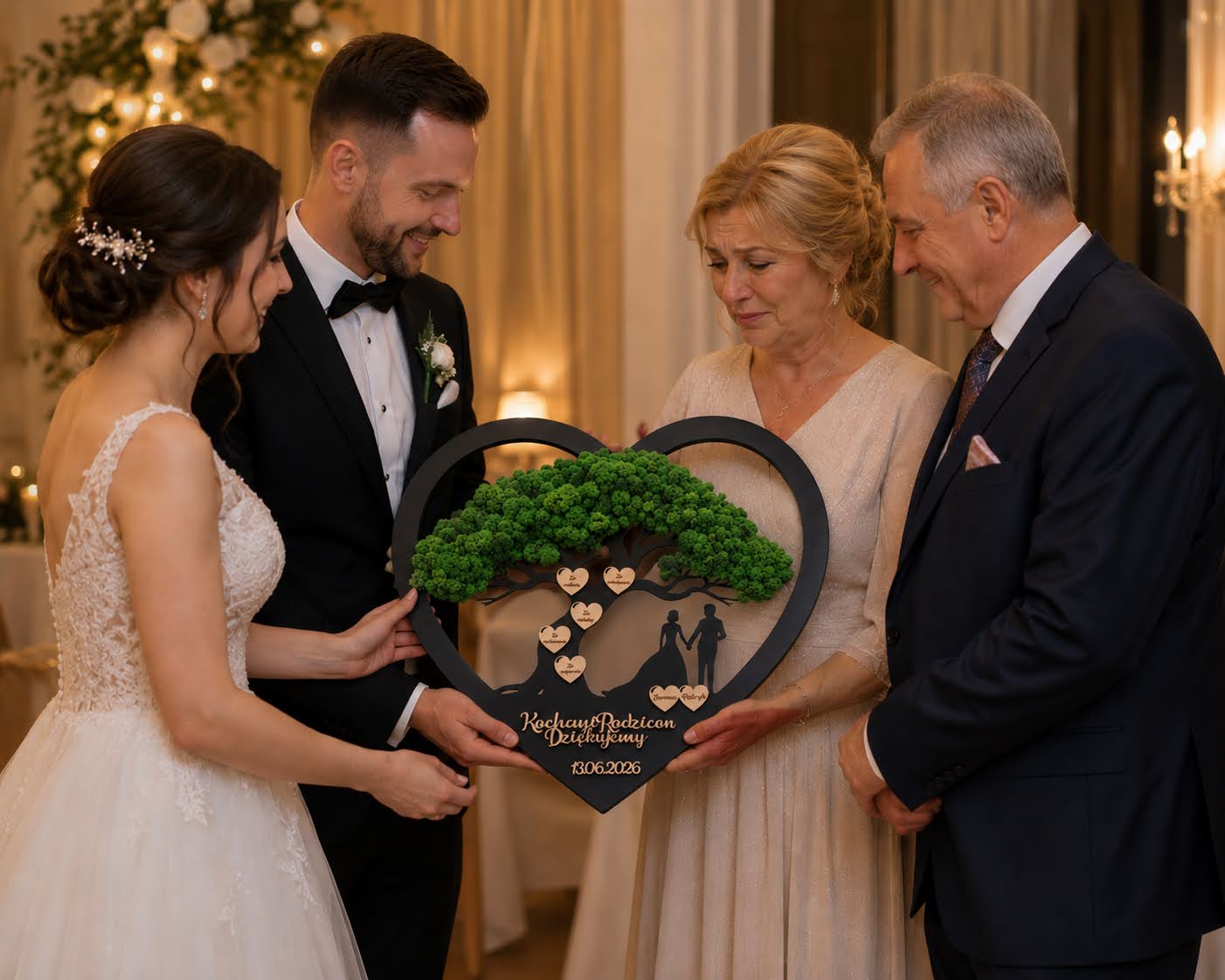 podziękowanie dla rodziców na wesele ślub para młoda w sercu z mchem chrobotkiem drzewo bonsai 8
