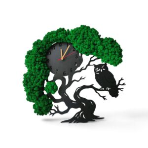 Zegar ścienny z mchem chrobotkiem – drzewo bonsai z sową #18